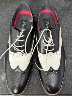 Parrazo Men's 12 Black White Tuxedo Oxfords Wooden Wingtip Shoes